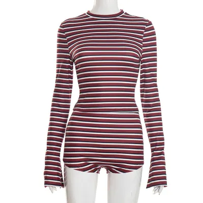Women Fashion Sexy Autumn Stripe Round Neck Long-Sleeve T-Shirt Tight Shorts Two-Piece Set