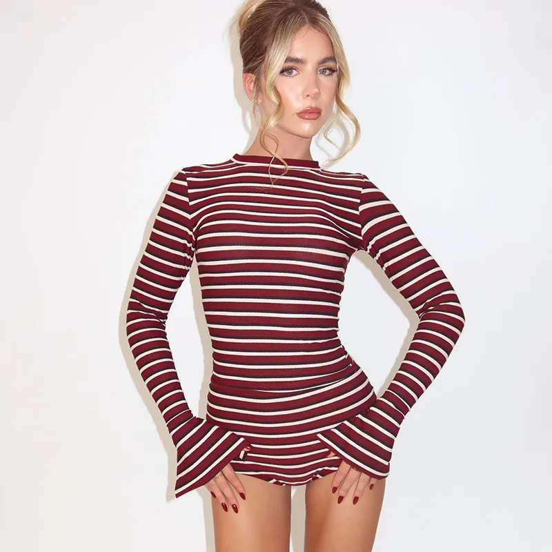 Women Fashion Sexy Autumn Stripe Round Neck Long-Sleeve T-Shirt Tight Shorts Two-Piece Set