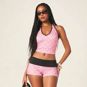 Women Fashion Sexy Spring And Summer Polka Dot Print Halter-Neck Backless Crop Top Stitching Shorts Two-Piece Set
