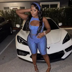 Women Fashion Sexy Summer Polka Dot Print Sleeveless Crop Top Tight Shorts Two-Piece Set