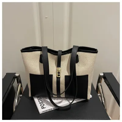 Women Fashion Casual Retro Colorblock Large Capacity Shoulder Tote Bag
