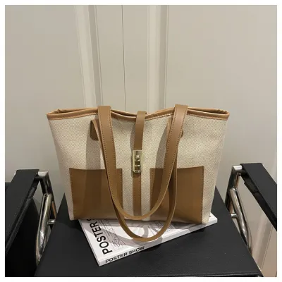 Women Fashion Casual Retro Colorblock Large Capacity Shoulder Tote Bag