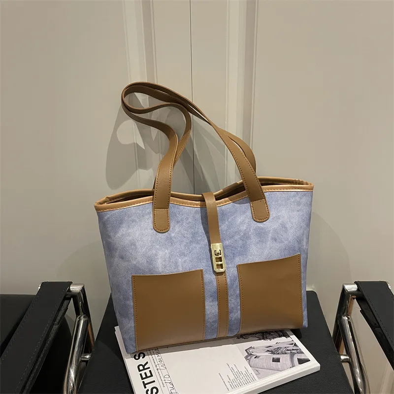 Women Fashion Casual Retro Colorblock Large Capacity Shoulder Tote Bag