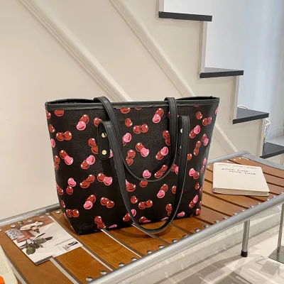 Women Fashion Casual Cherry Printed Large Capacity Shoulder Tote Bag