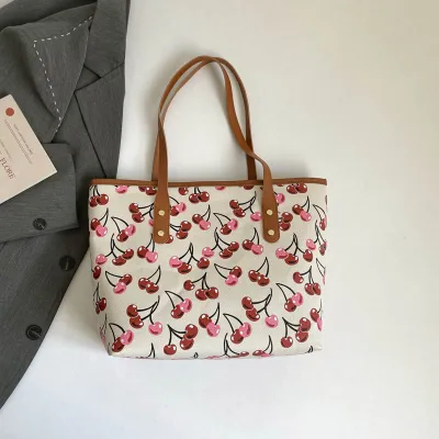 Women Fashion Casual Cherry Printed Large Capacity Shoulder Tote Bag