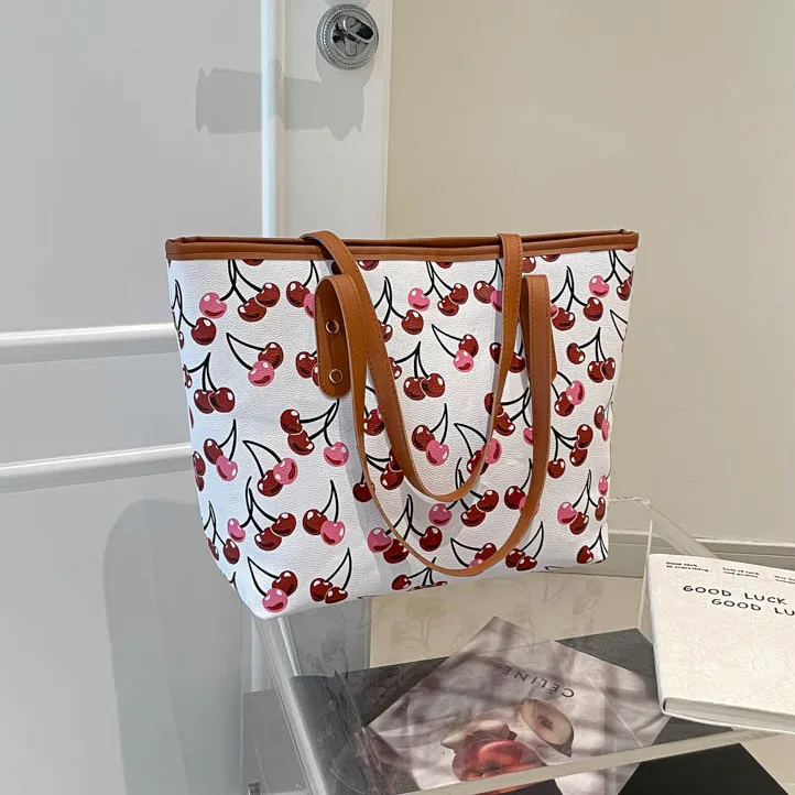 Women Fashion Casual Cherry Printed Large Capacity Shoulder Tote Bag