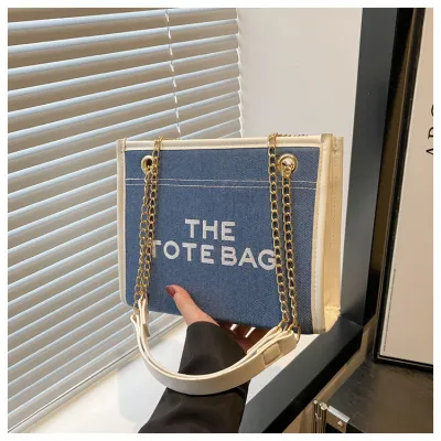 Women Fashion Casual Denim Stitching Embroidery Letter Large Capacity Shoulder Bag