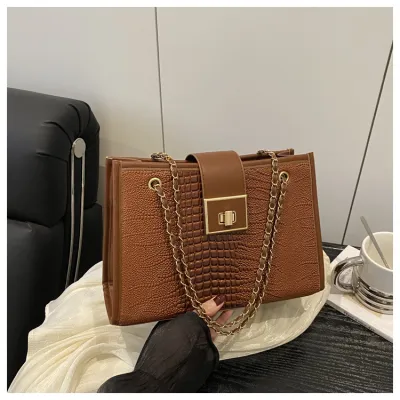 Women Fashion Casual Crocodile Pattern Lock Chain Large Capacity Shoulder Bag