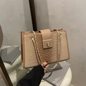 Women Fashion Casual Crocodile Pattern Lock Chain Large Capacity Shoulder Bag