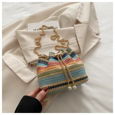 Women Fashion Casual Contrast Color Straw Bucket Shoulder Bag