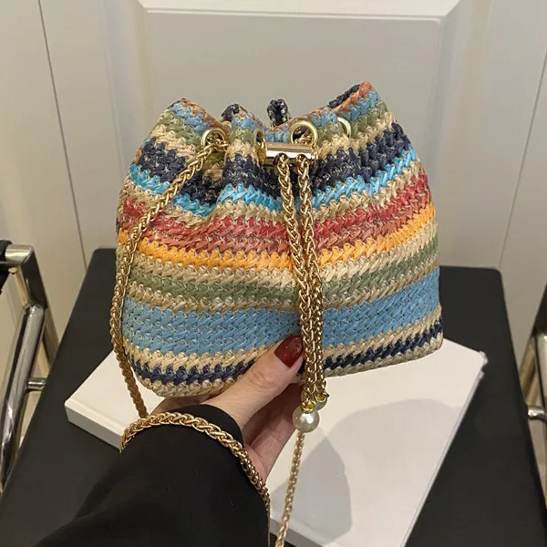 Women Fashion Casual Contrast Color Straw Bucket Shoulder Bag