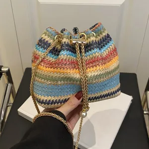 Women Fashion Casual Contrast Color Straw Bucket Shoulder Bag