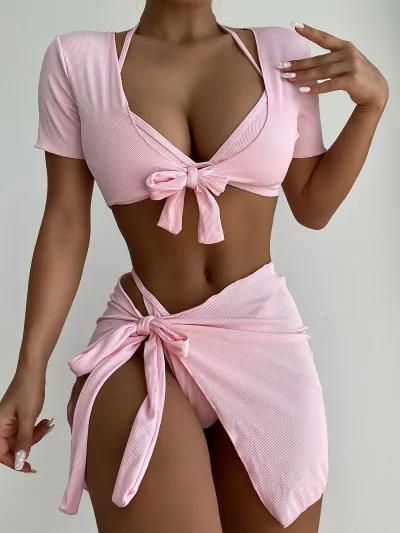 Women Fashion Sexy Solid Color Halter-Neck Lace-Up Bikini Swimsuit Four-Piece Set