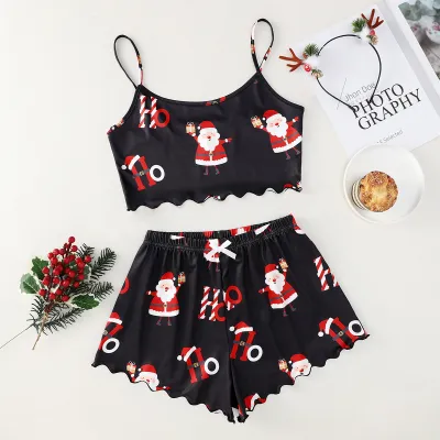 Christmas Women Fashion Thin Sleeveless Camisole Loose Shorts Pajamas Two-Piece Set
