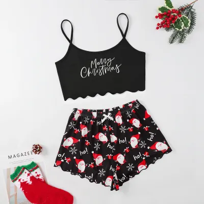 Christmas Women Fashion Thin Sleeveless Camisole Loose Shorts Pajamas Two-Piece Set