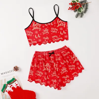 Christmas Women Fashion Thin Sleeveless Camisole Loose Shorts Pajamas Two-Piece Set