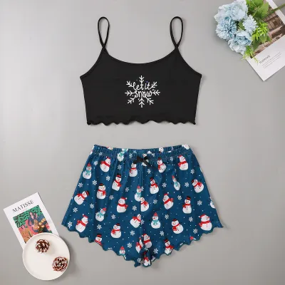 Christmas Women Fashion Thin Sleeveless Camisole Loose Shorts Pajamas Two-Piece Set