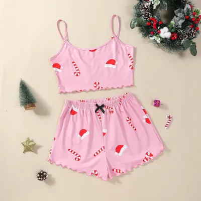 Christmas Women Fashion Thin Sleeveless Camisole Loose Shorts Pajamas Two-Piece Set