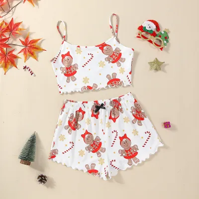 Christmas Women Fashion Thin Sleeveless Camisole Loose Shorts Pajamas Two-Piece Set