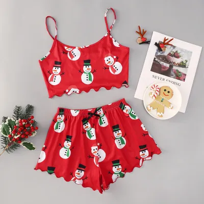 Christmas Women Fashion Thin Sleeveless Camisole Loose Shorts Pajamas Two-Piece Set