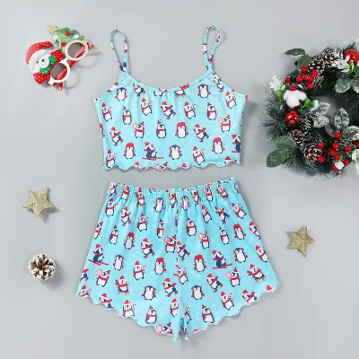 Christmas Women Fashion Thin Sleeveless Camisole Loose Shorts Pajamas Two-Piece Set