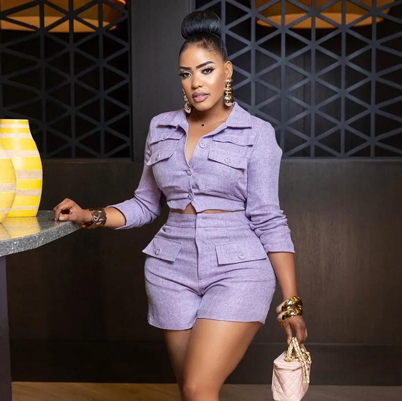 Women Fashion Casual Office Autumn Lapel Long-Sleeve Single-Breasted Pocket Jacket Shorts Two-Piece Set