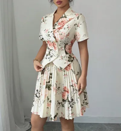 Women Fashion Casual Office Spring And Autumn Floral Print Lapel Short-Sleeve Jacket Pleated Mini Skirt Two-Piece Set