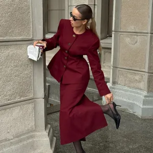 Women Fashion Office Autumn And Winter Red Round Neck Long Sleeve Tight Waist Jacket Split Maxi Skirt Two-Piece Set