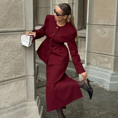 Women Fashion Office Autumn And Winter Red Round Neck Long Sleeve Tight Waist Jacket Split Maxi Skirt Two-Piece Set