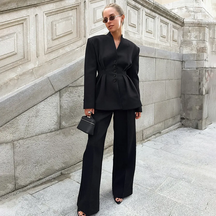 Women Fashion Casual Office Autumn V-Neck Long Sleeve Pleated Waist Coat Loose Pants Two-Piece Set