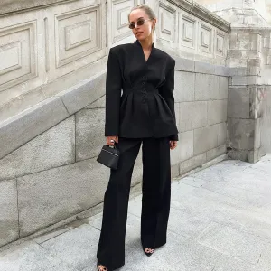 Women Fashion Casual Office Autumn V-Neck Long Sleeve Pleated Waist Coat Loose Pants Two-Piece Set