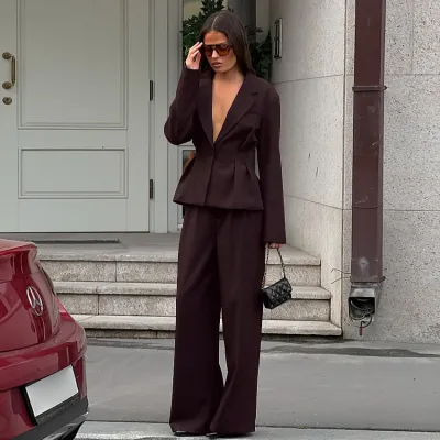 Women Fahion Casual Office Spring Autumn Deep V Long-Sleeve Waist Jacket Loose Pants Two-Piece Set