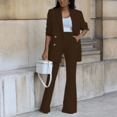 Women'S Fashion Casual Office Autumn And Winter Solid Color Long-Sleeve Blazer Wide Leg Pants Two-Piece Set