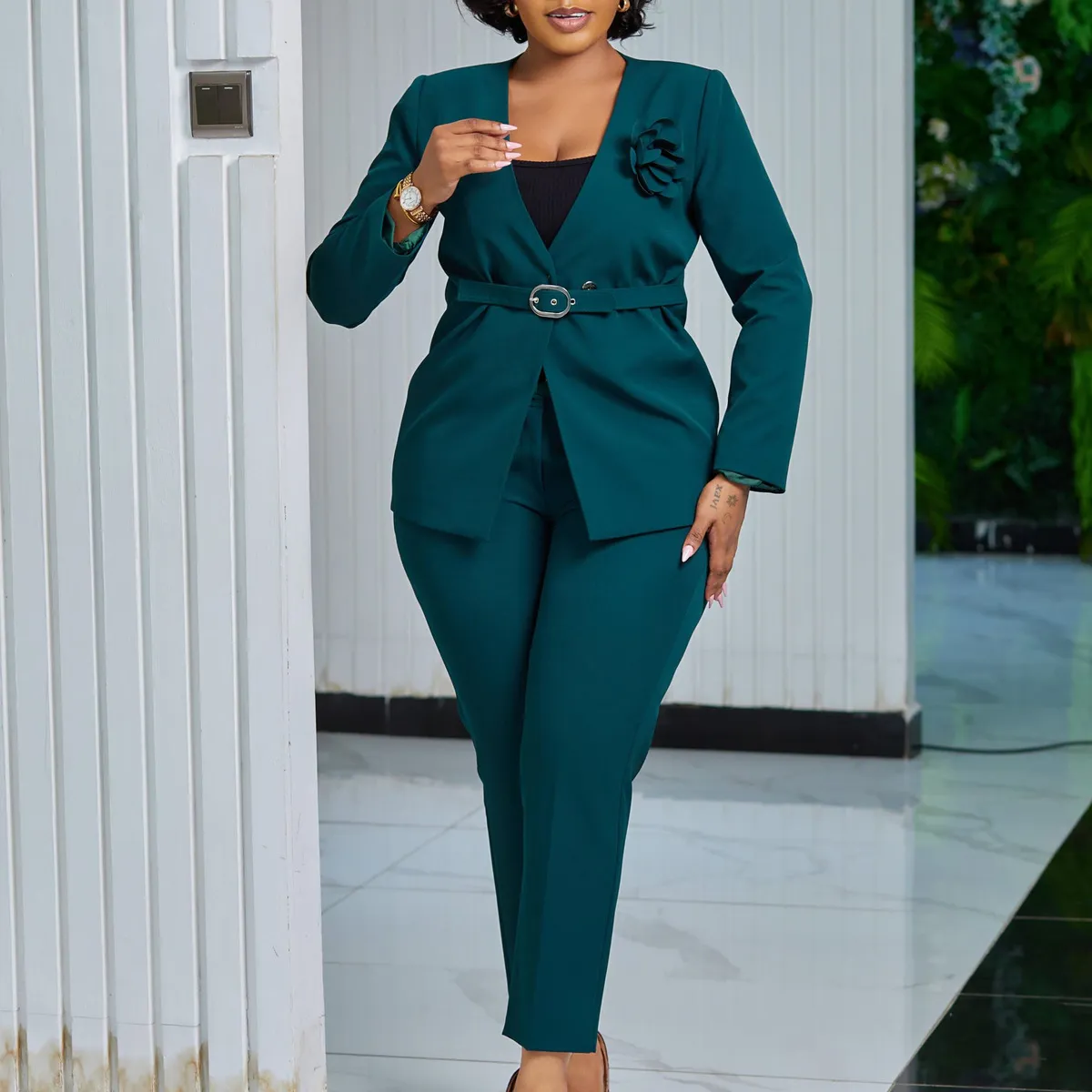 Women Fashion Casual Office Autumn And Winter Solid Color Long-Sleeve Coat Slim-Fit Pants African Two-Piece Set
