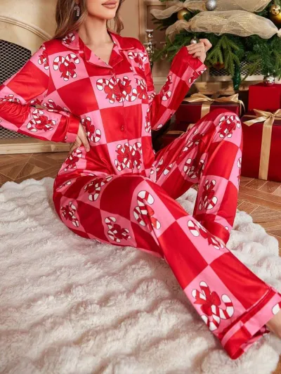 Christmas Women'S Fashion Cartoon Milk Silk Lapel Long-Sleeve Top Pants Pajamas Two-Piece Set