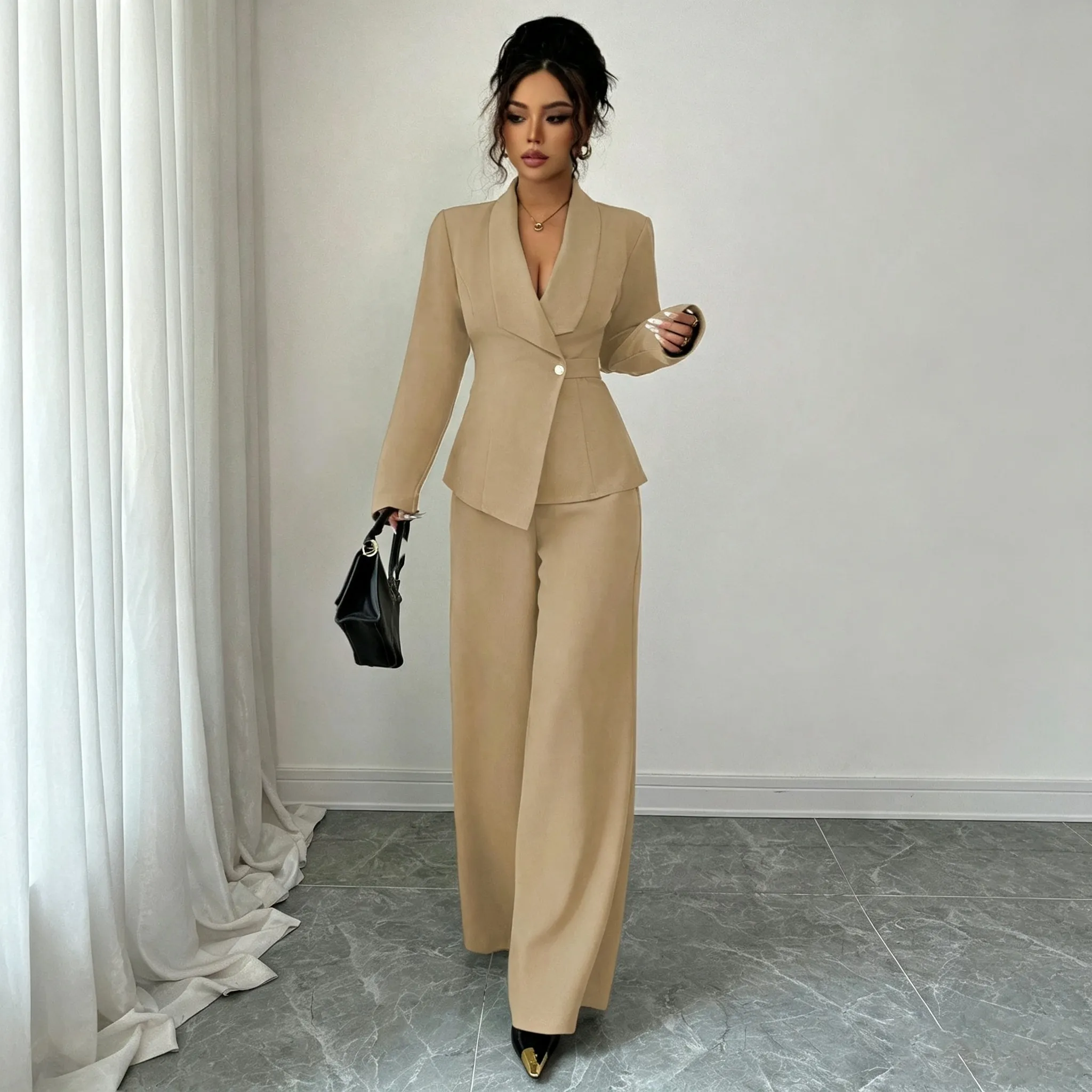 Women'S Fashion Spring And Autumn Office Solid Color V-Neck Long-Sleeve Blazer Wide Leg Pants Two-Piece Set