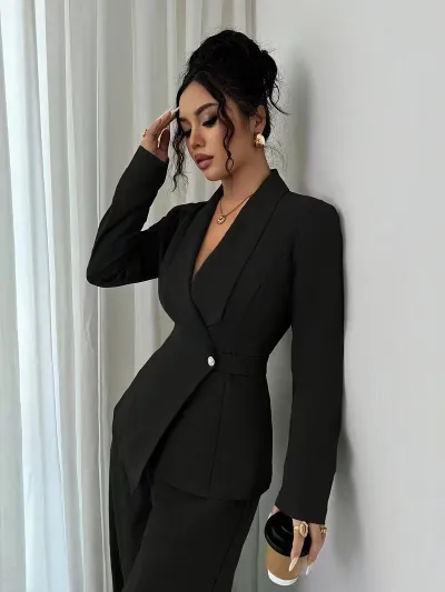 Women'S Fashion Spring And Autumn Office Solid Color V-Neck Long-Sleeve Blazer Wide Leg Pants Two-Piece Set