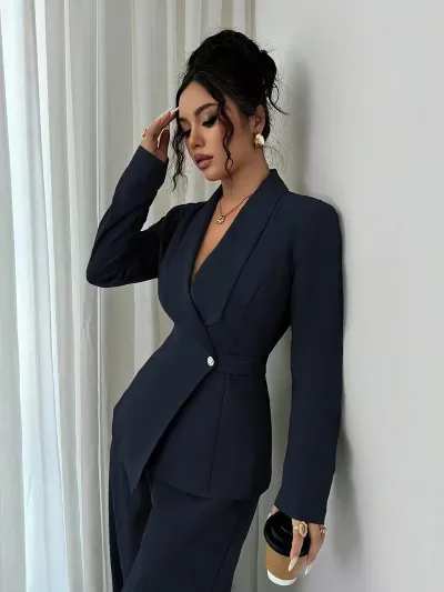 Women'S Fashion Spring And Autumn Office Solid Color V-Neck Long-Sleeve Blazer Wide Leg Pants Two-Piece Set