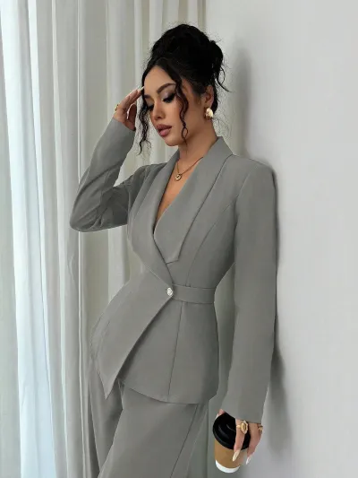 Women'S Fashion Spring And Autumn Office Solid Color V-Neck Long-Sleeve Blazer Wide Leg Pants Two-Piece Set