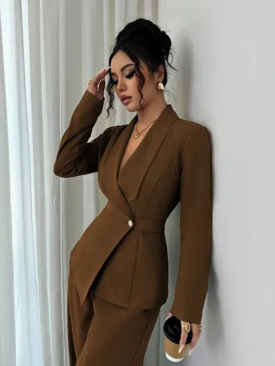Women'S Fashion Spring And Autumn Office Solid Color V-Neck Long-Sleeve Blazer Wide Leg Pants Two-Piece Set