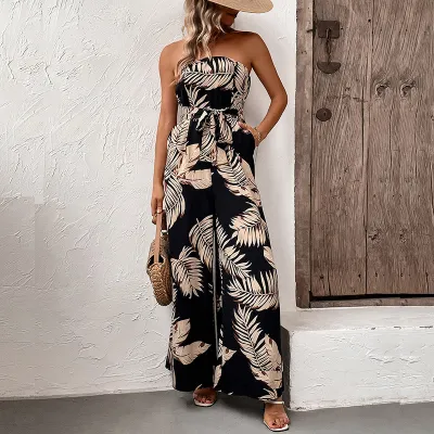 Women Fashion Casual Vacation Printed Tube Top Loose Jumpsuit