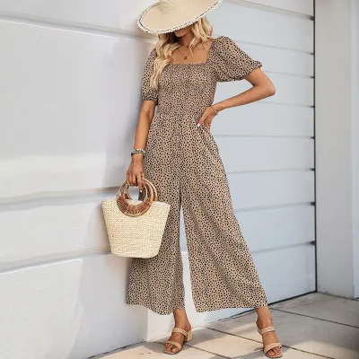 Women Fashion Casual Printed Square Collar Bubble Sleeve Wide-Leg Jumpsuits