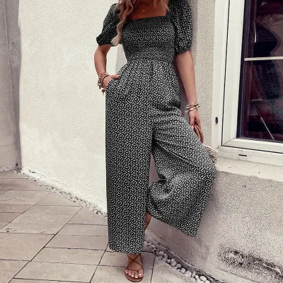 Women Fashion Casual Printed Square Collar Bubble Sleeve Wide-Leg Jumpsuits