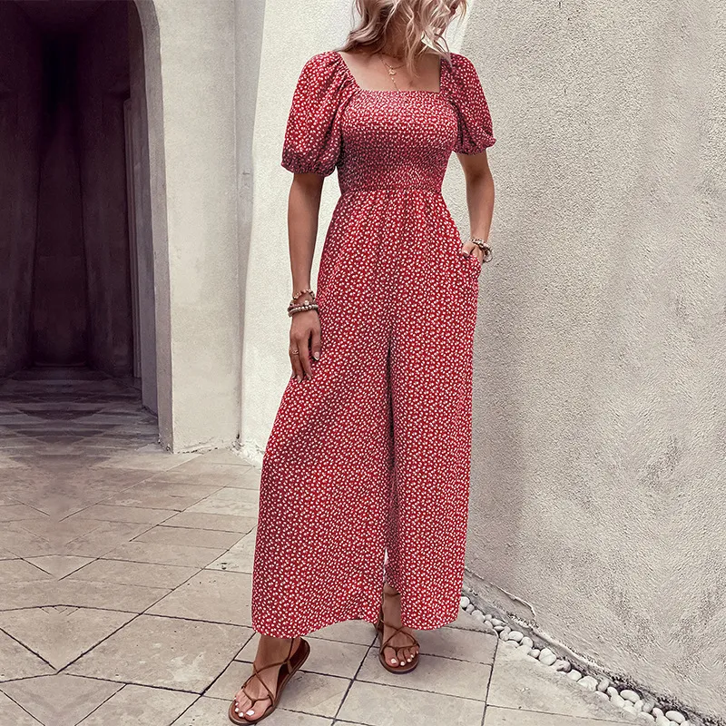 Women Fashion Casual Printed Square Collar Bubble Sleeve Wide-Leg Jumpsuits