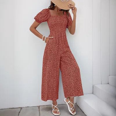 Women Fashion Casual Printed Square Collar Bubble Sleeve Wide-Leg Jumpsuits