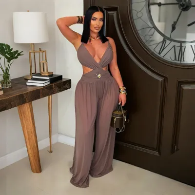 Women Fashion Sexy Solid Color V-Neck Lace-Up Backless Perspective Jumpsuit