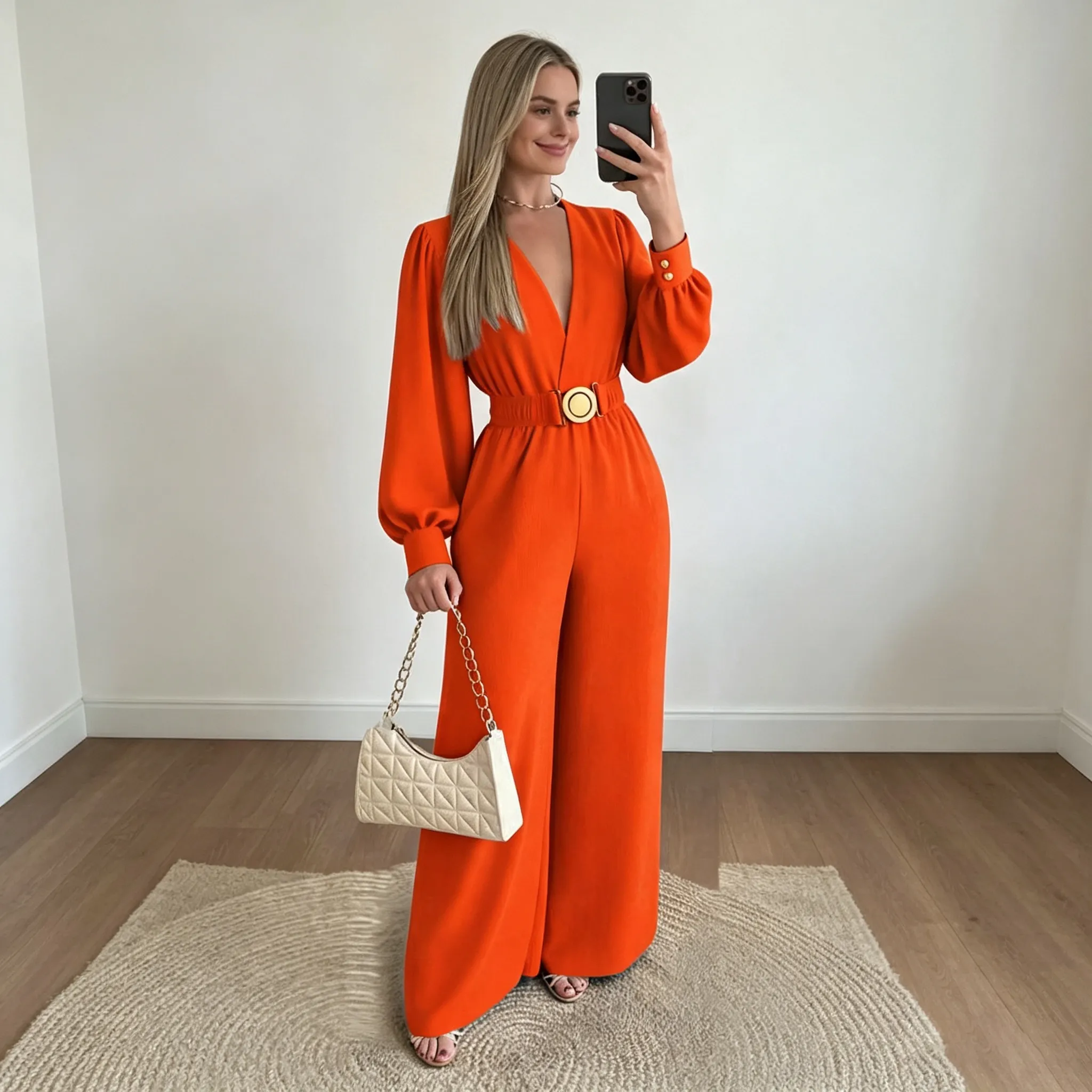 Women'S Fashion Elegant Solid Color V-Neck Metal Buckle Belt Long-Sleeve Wide Leg Jumpsuis