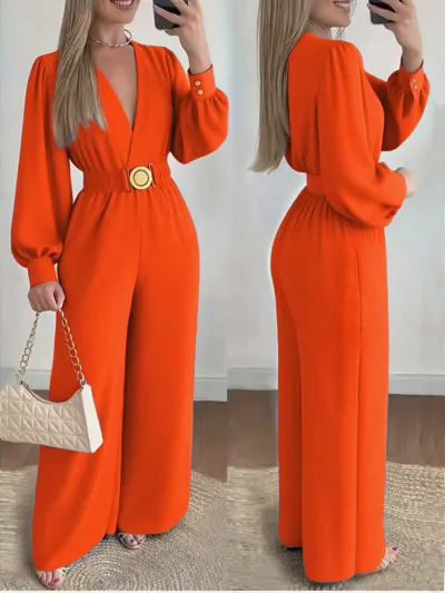 Women'S Fashion Elegant Solid Color V-Neck Metal Buckle Belt Long-Sleeve Wide Leg Jumpsuis