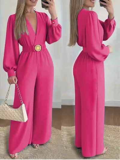 Women'S Fashion Elegant Solid Color V-Neck Metal Buckle Belt Long-Sleeve Wide Leg Jumpsuis