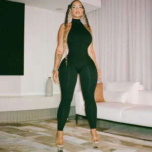 Women Fashion Sexy Spring Solid Color Halter-Neck Backless Tight Jumpsuit
